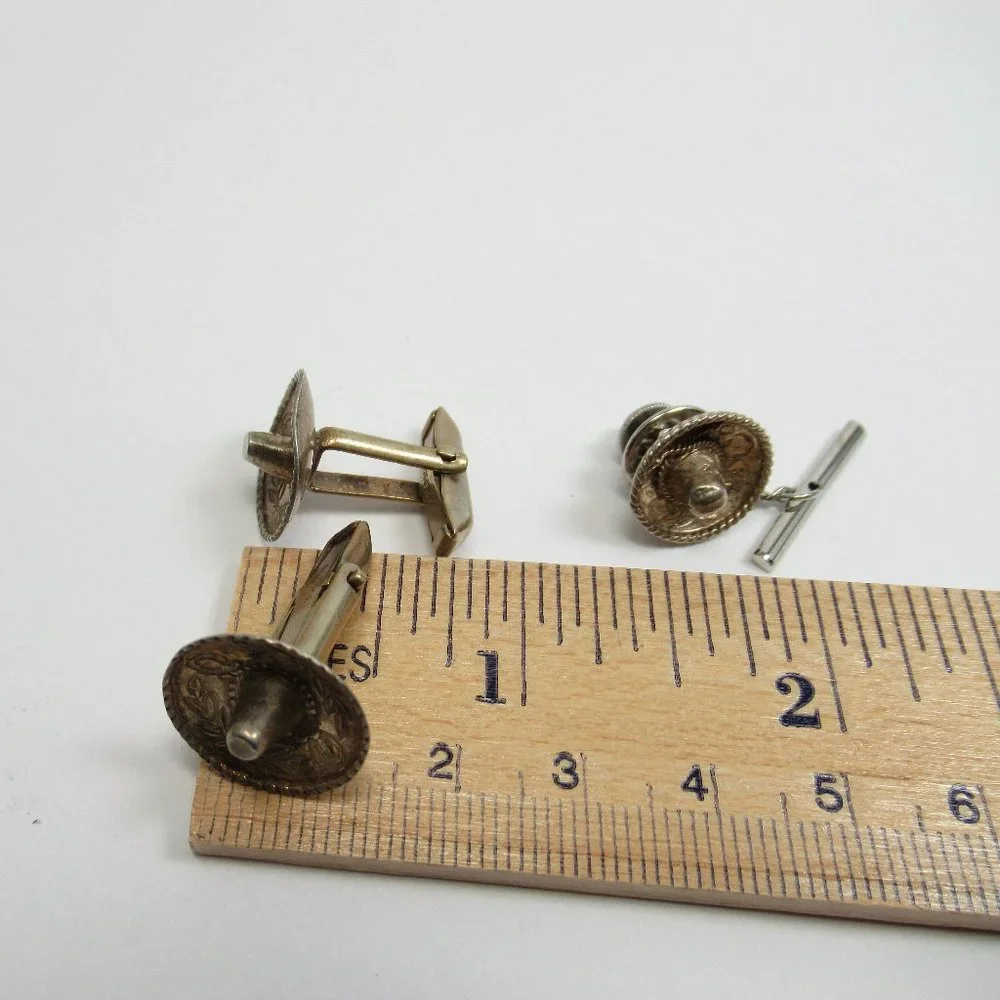 Vintage Sterling Sombrero Cuff Links snd tie tack